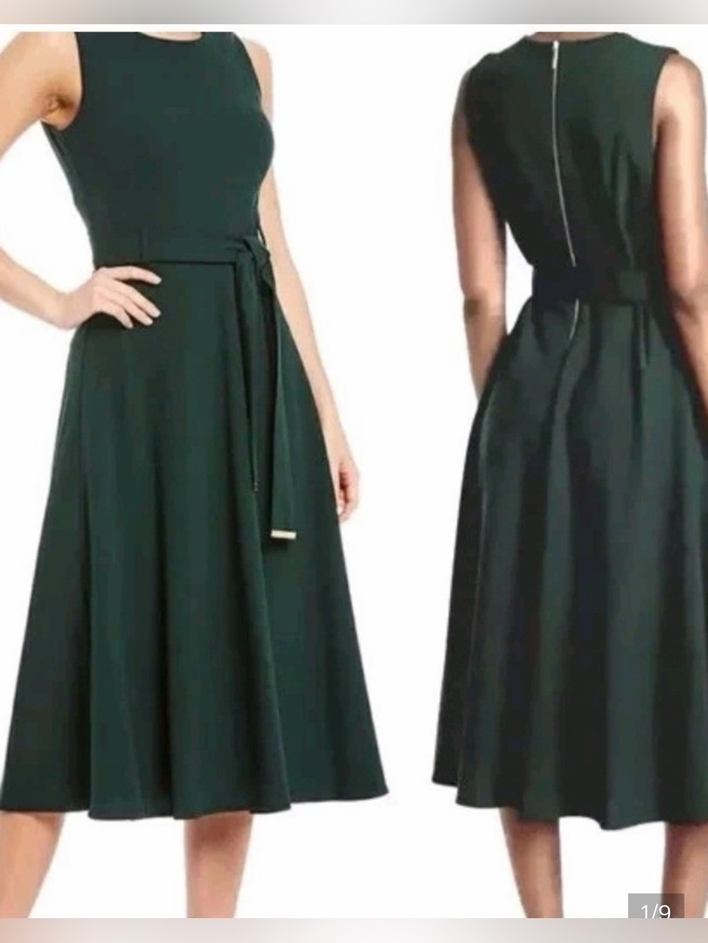 * New Calvin Klein Forest Green Sleeveless Midi Fit and Flare Dress Belt SZ 8 *